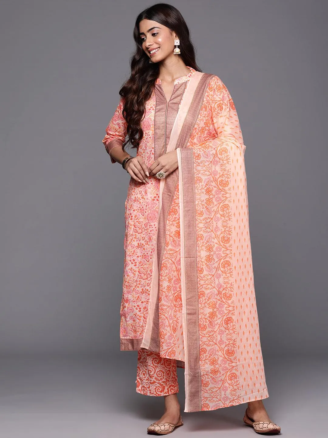 Peach Printed Cotton Straight Kurta With Trousers & Dupatta