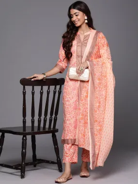 Peach Printed Cotton Straight Kurta With Trousers & Dupatta