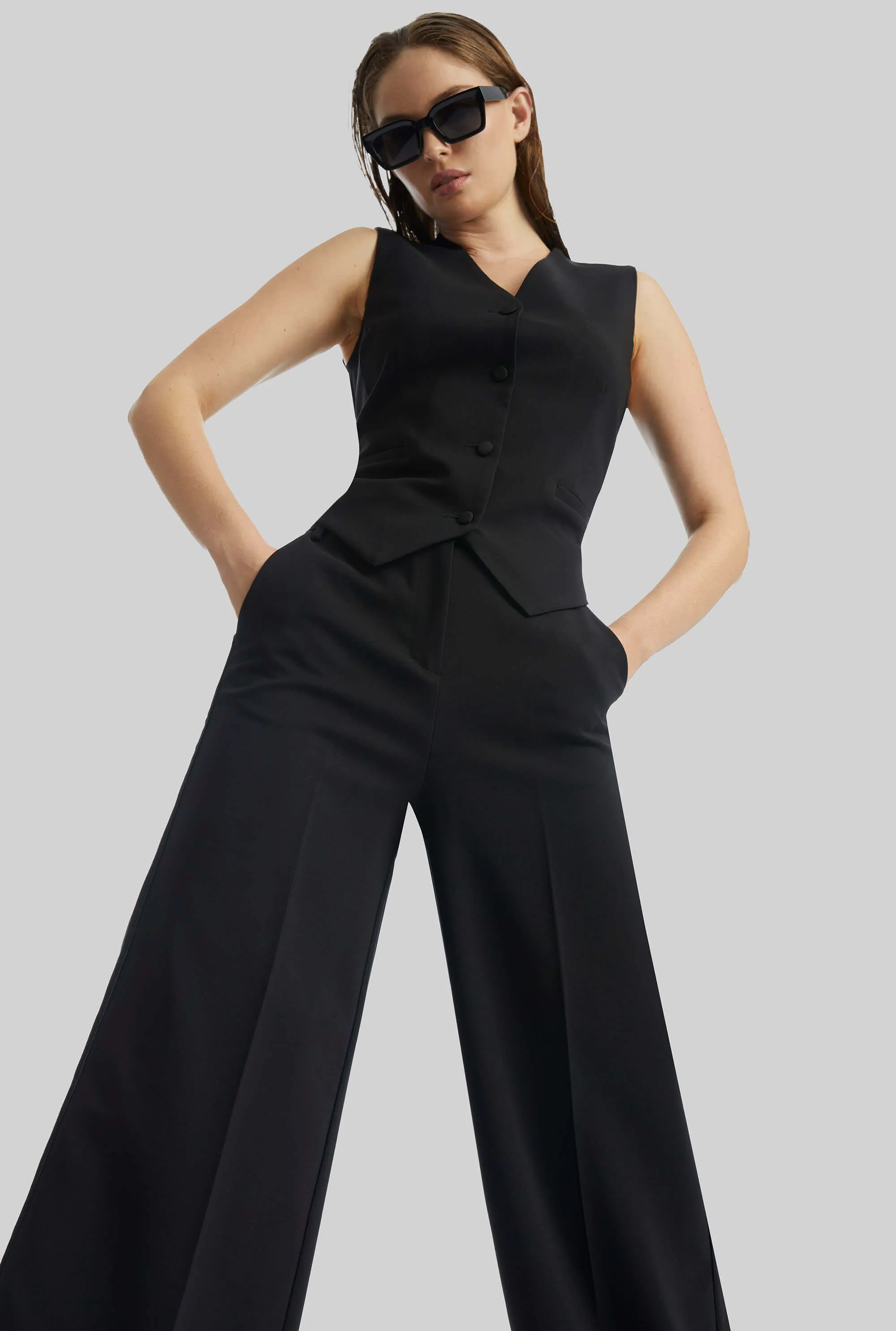 Pin Tuck Wide Leg Trousers Black