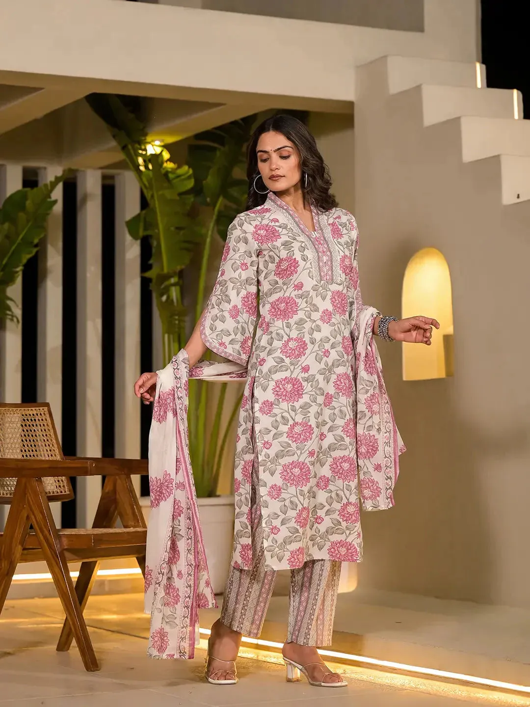 Pink And Off White Floral Print Cotton Straight Style Kurta And Trousers With Dupatta