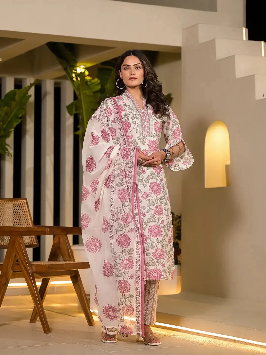 Pink And Off White Floral Print Cotton Straight Style Kurta And Trousers With Dupatta