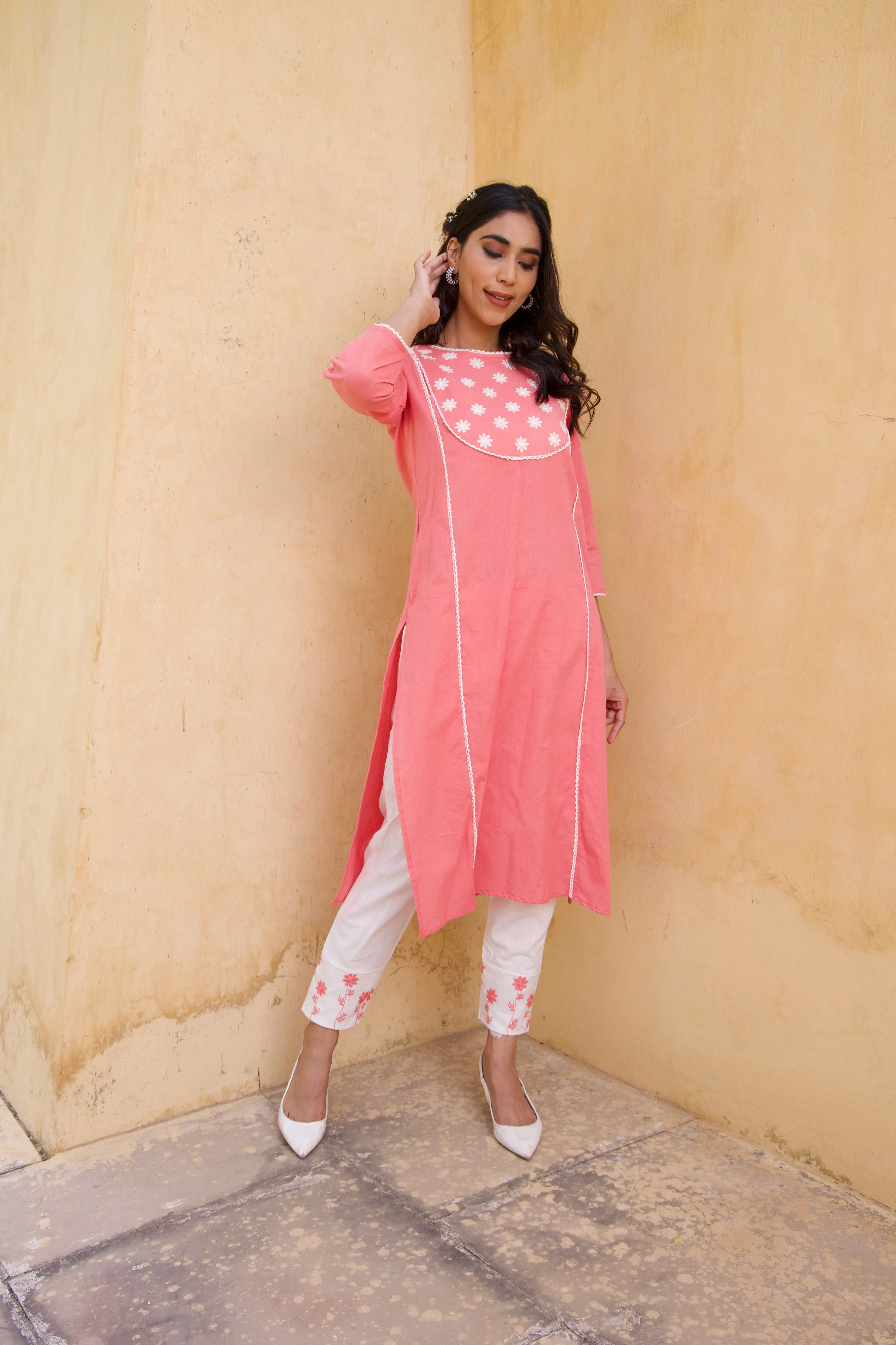 Pink Cotton floral Kurta Set