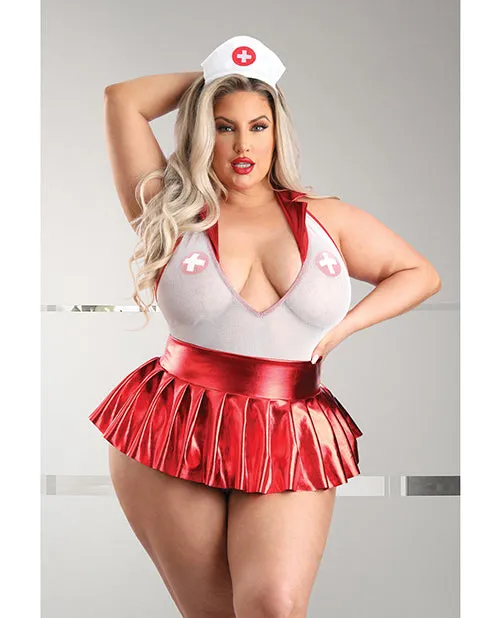 Play Pulse Check Collared Teddy W/open Back, Pleated Skirt, Medic Hat & Pasties Red/white