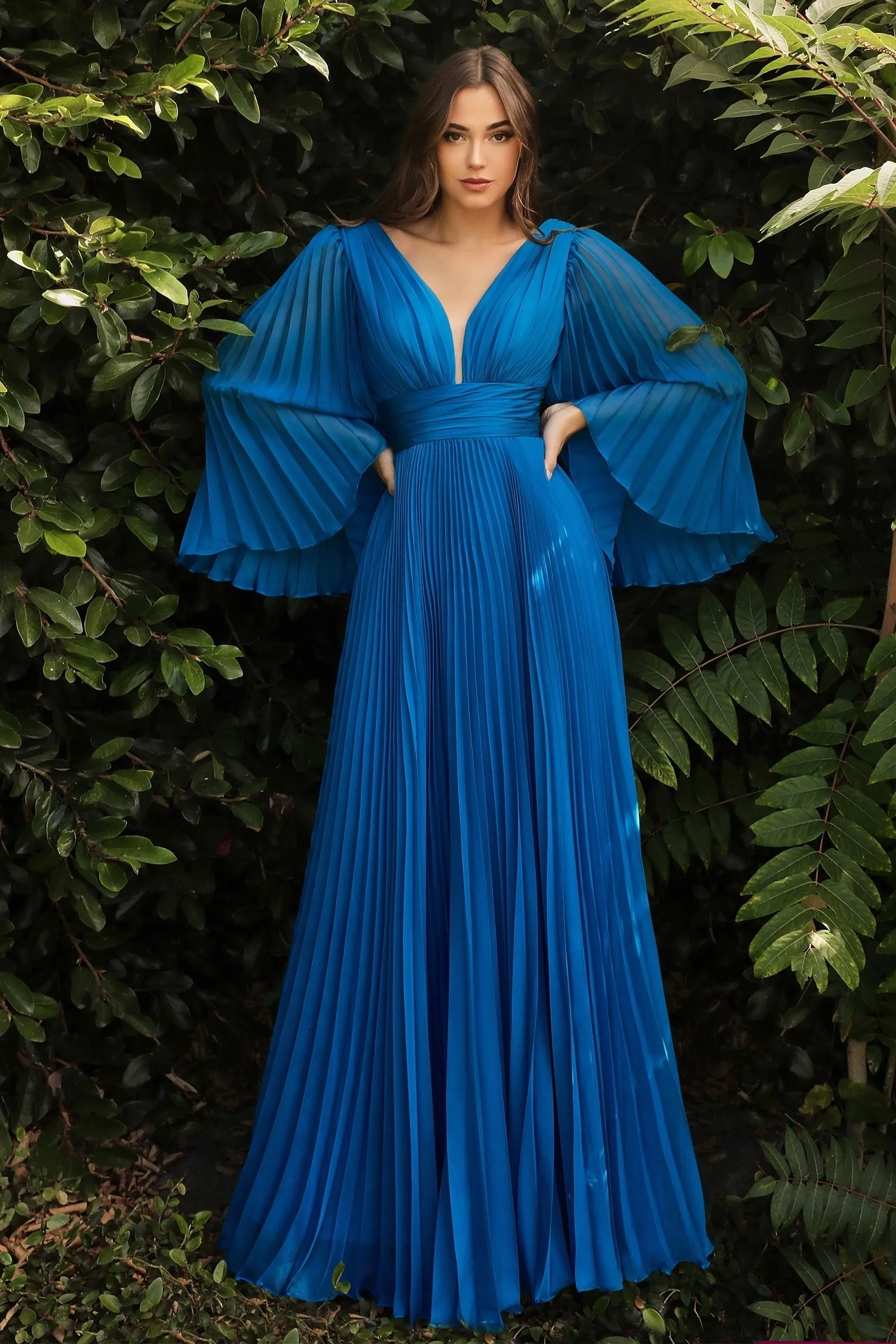 Pleated Chiffon Gown with Deep V-neckline, perfect for Mother of the Bride!