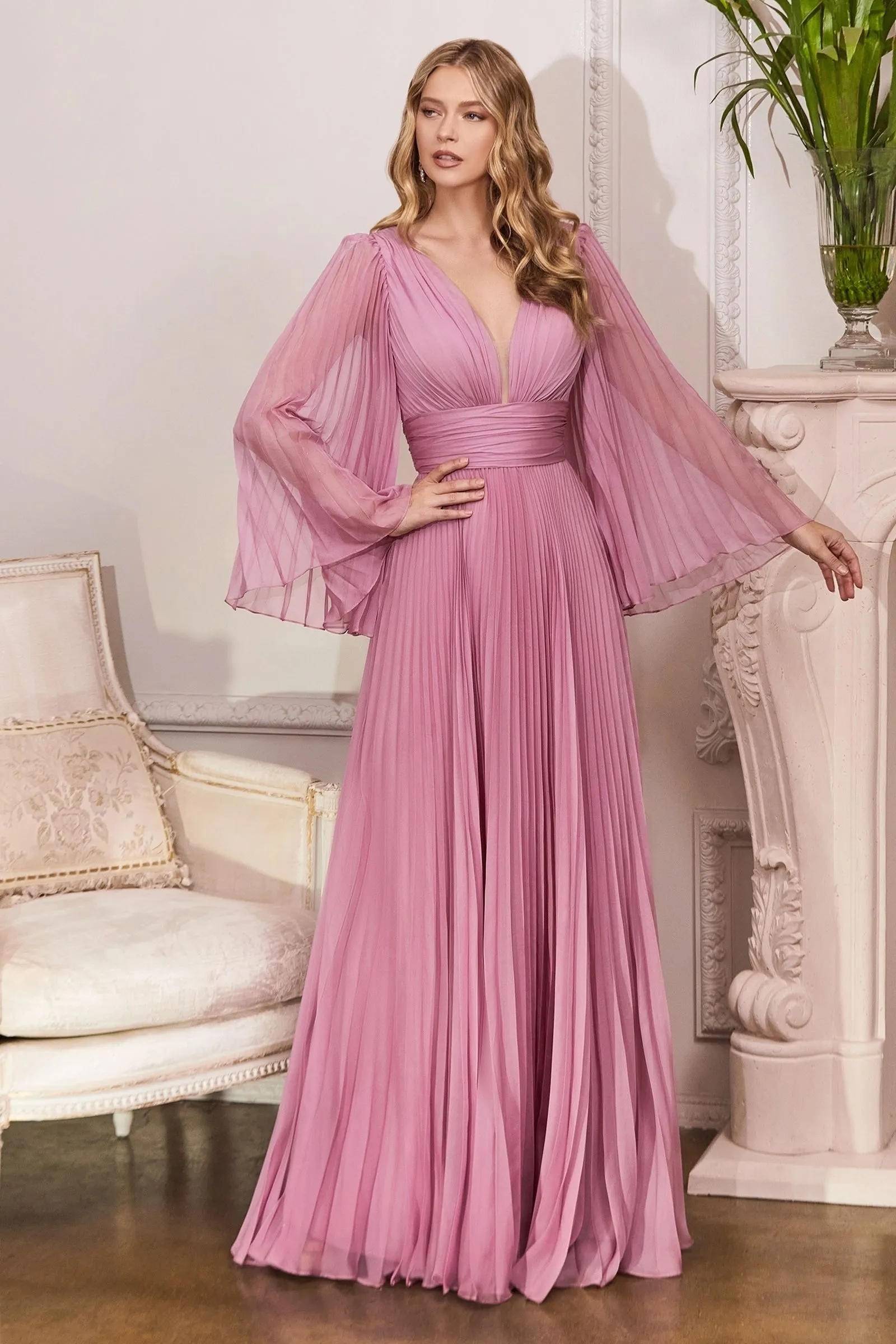 Pleated Chiffon Gown with Deep V-neckline, perfect for Mother of the Bride!