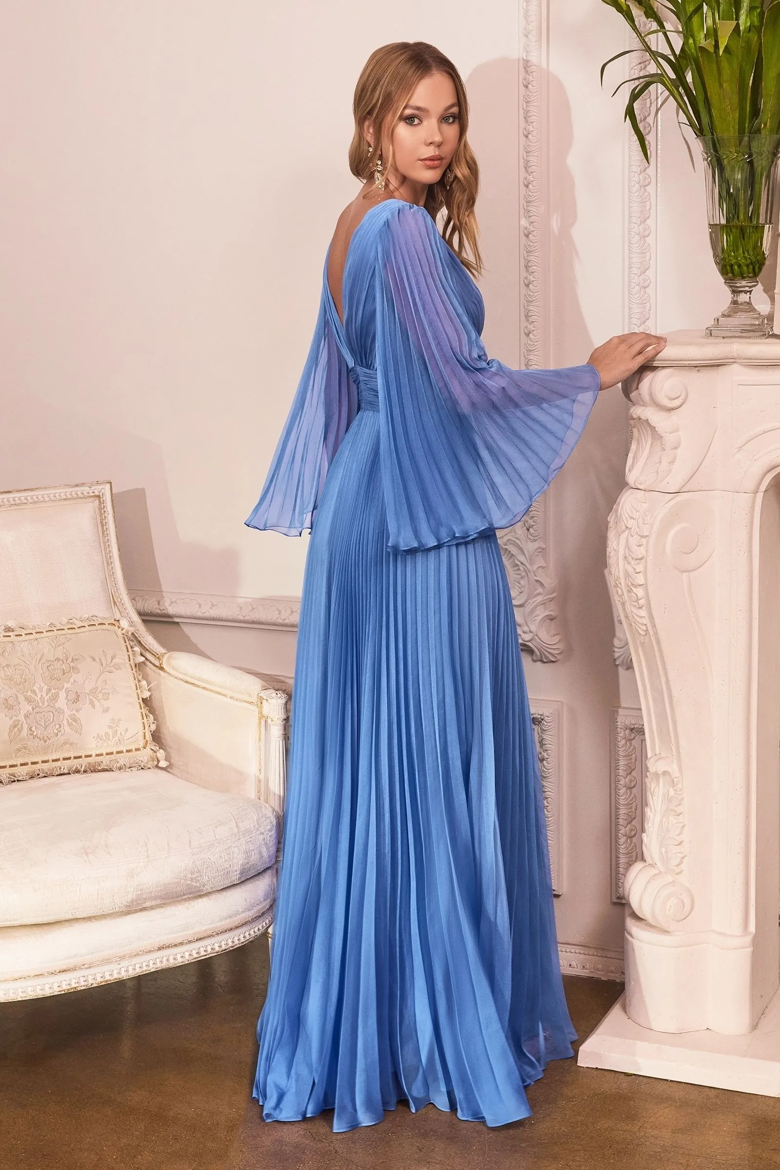 Pleated Chiffon Gown with Deep V-neckline, perfect for Mother of the Bride!