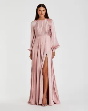 Pleated High Neck Raglan Long Sleeve Side Slit Gown