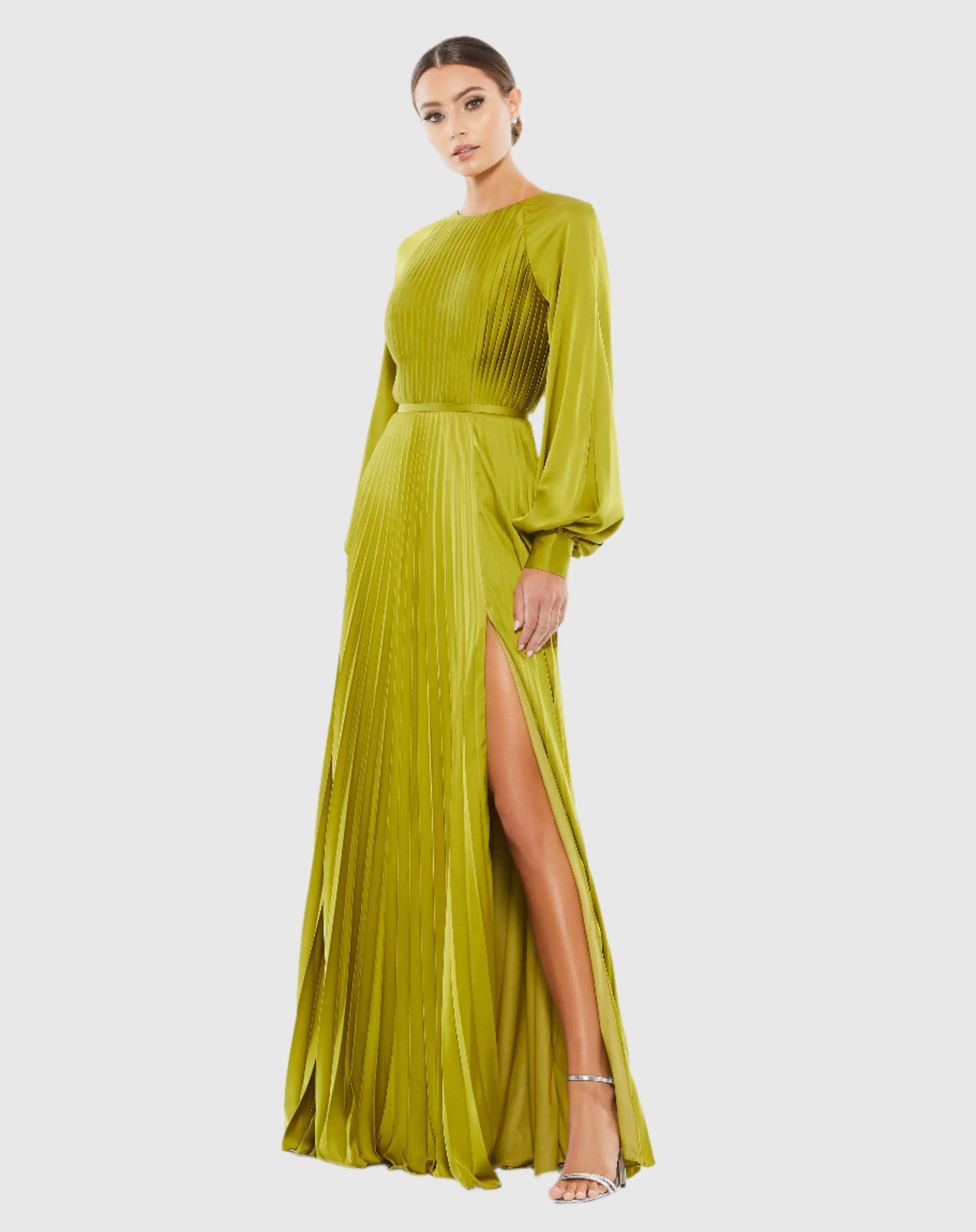 Pleated High Neck Raglan Long Sleeve Side Slit Gown