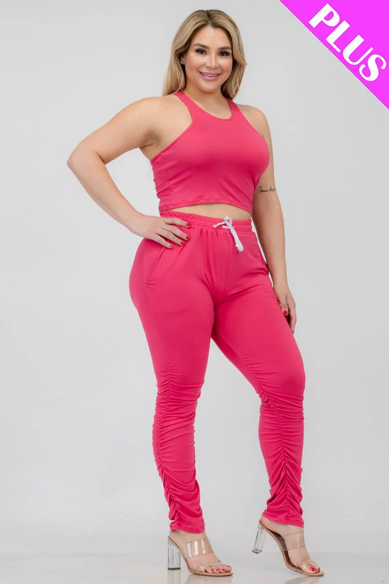 Plus Size Crop Tank Top & Ruched Pants Set