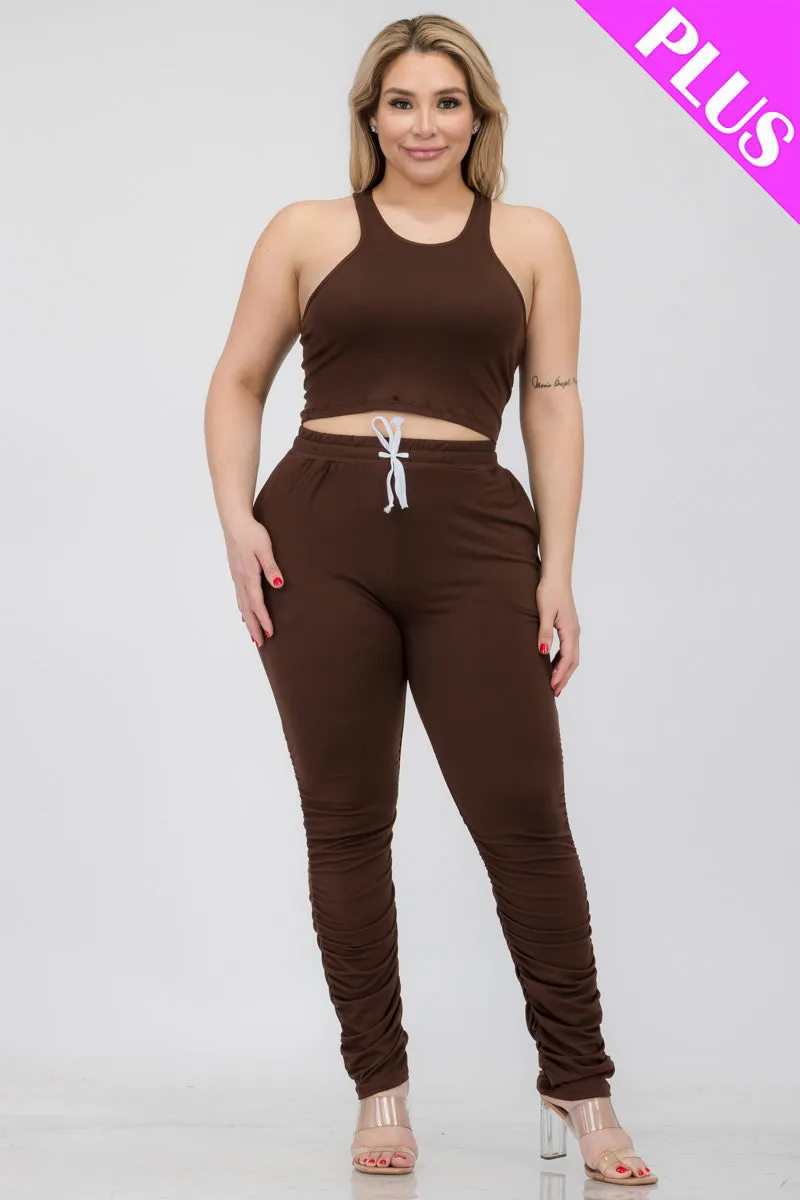 Plus Size Crop Tank Top & Ruched Pants Set