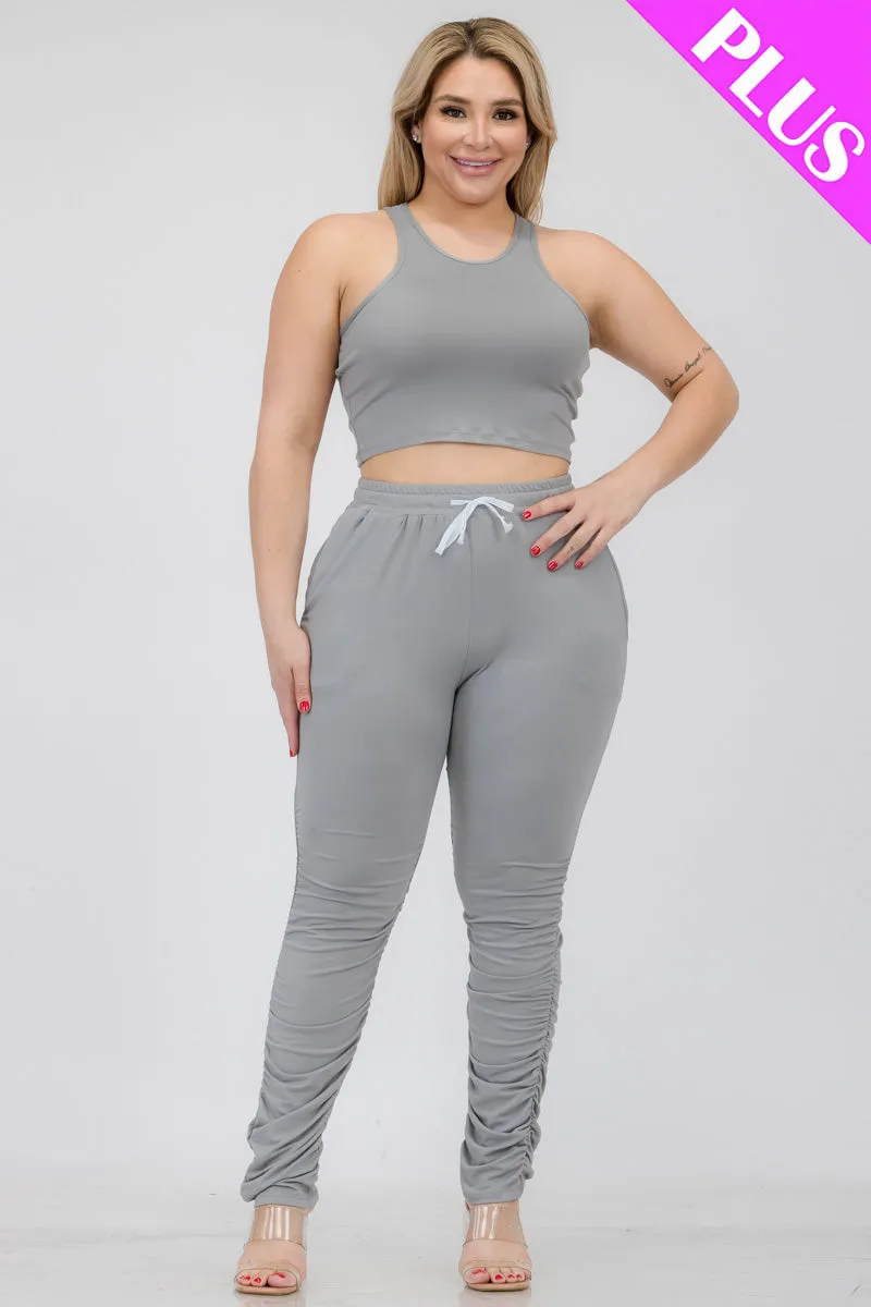 Plus Size Crop Tank Top & Ruched Pants Set