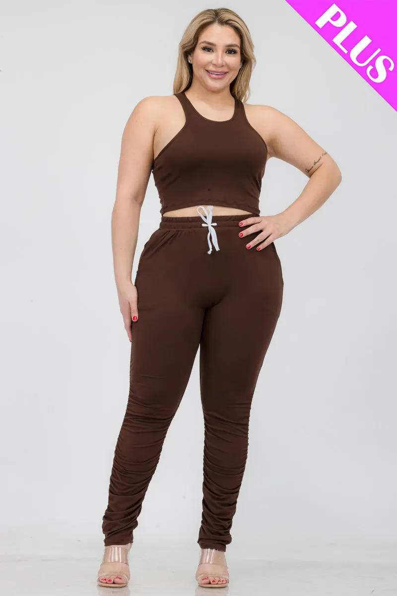 Plus Size Crop Tank Top & Ruched Pants Set