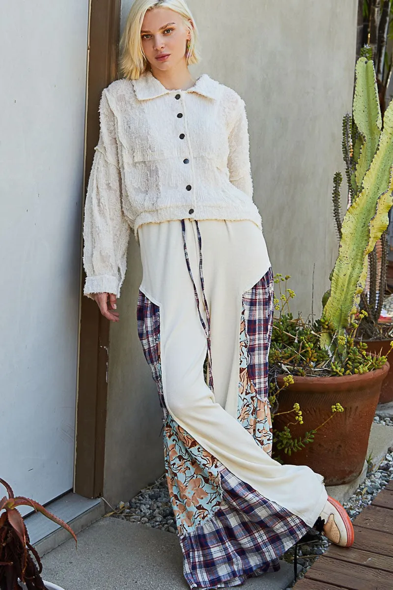 POL Thermal Knit Pants with Mixed Print Details in Natural