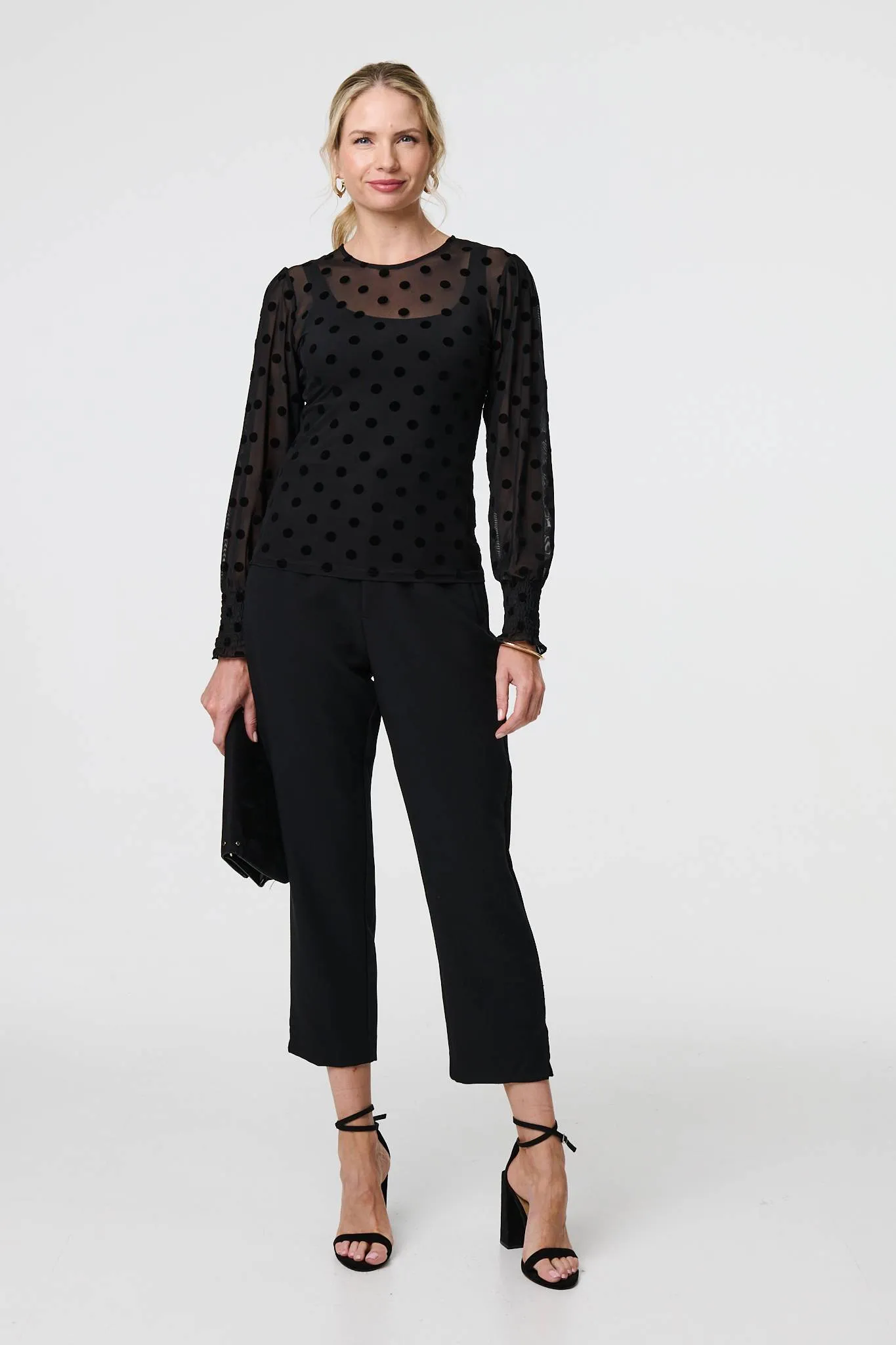 Polka Dot Sheer Mesh Puff Sleeve Blouse