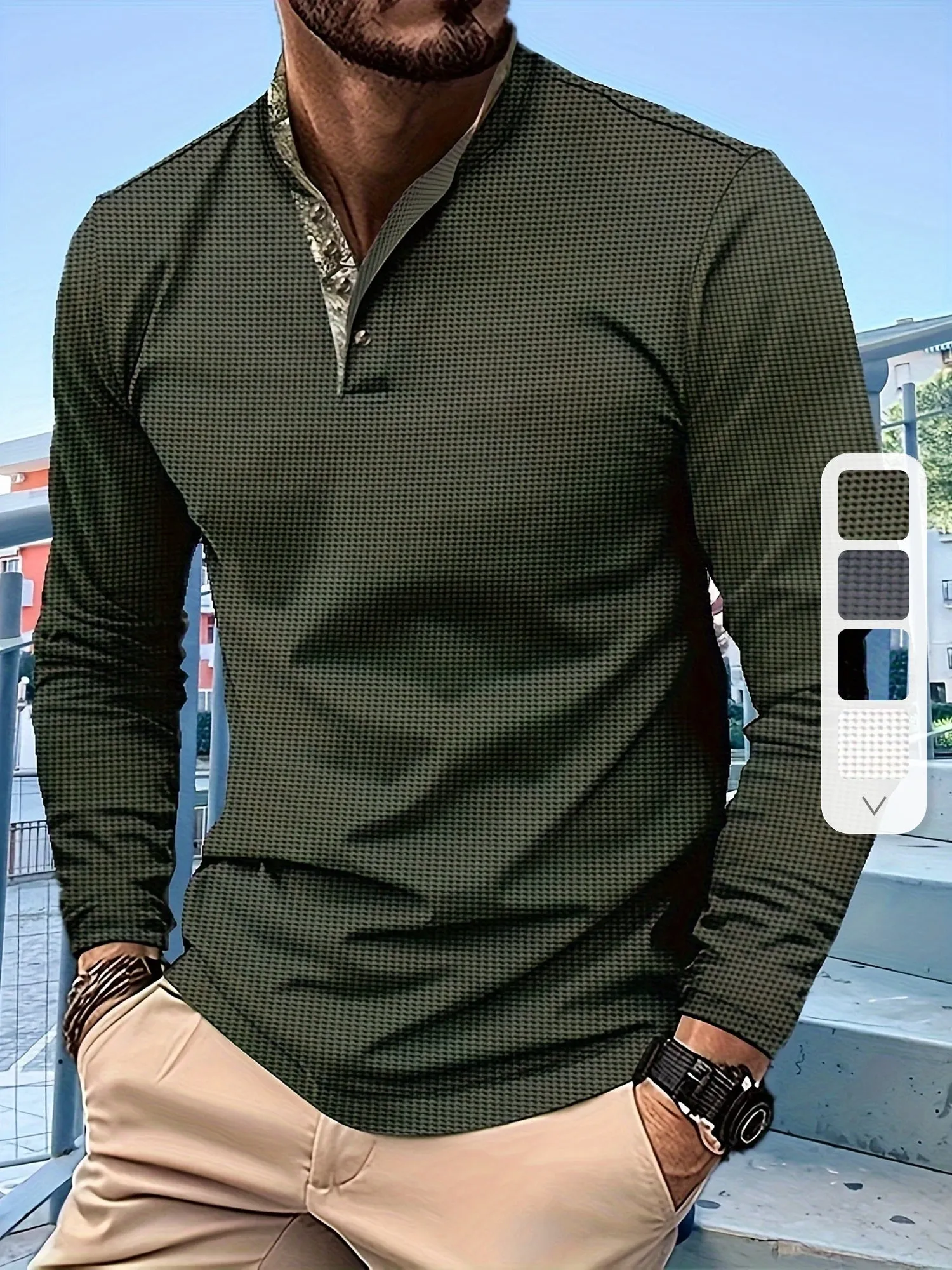 Polonik - Heren Henley Shirt met Lange Mouwen, Geruit Patroon en Knoopsluiting