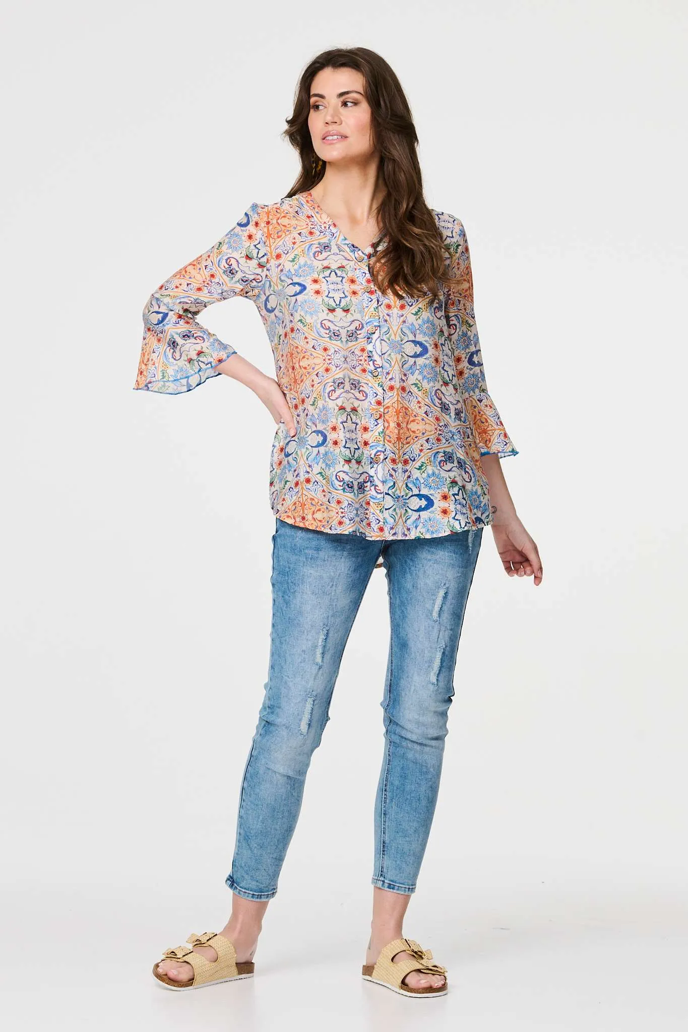 Printed 3/4 Flute Sleeve Blouse