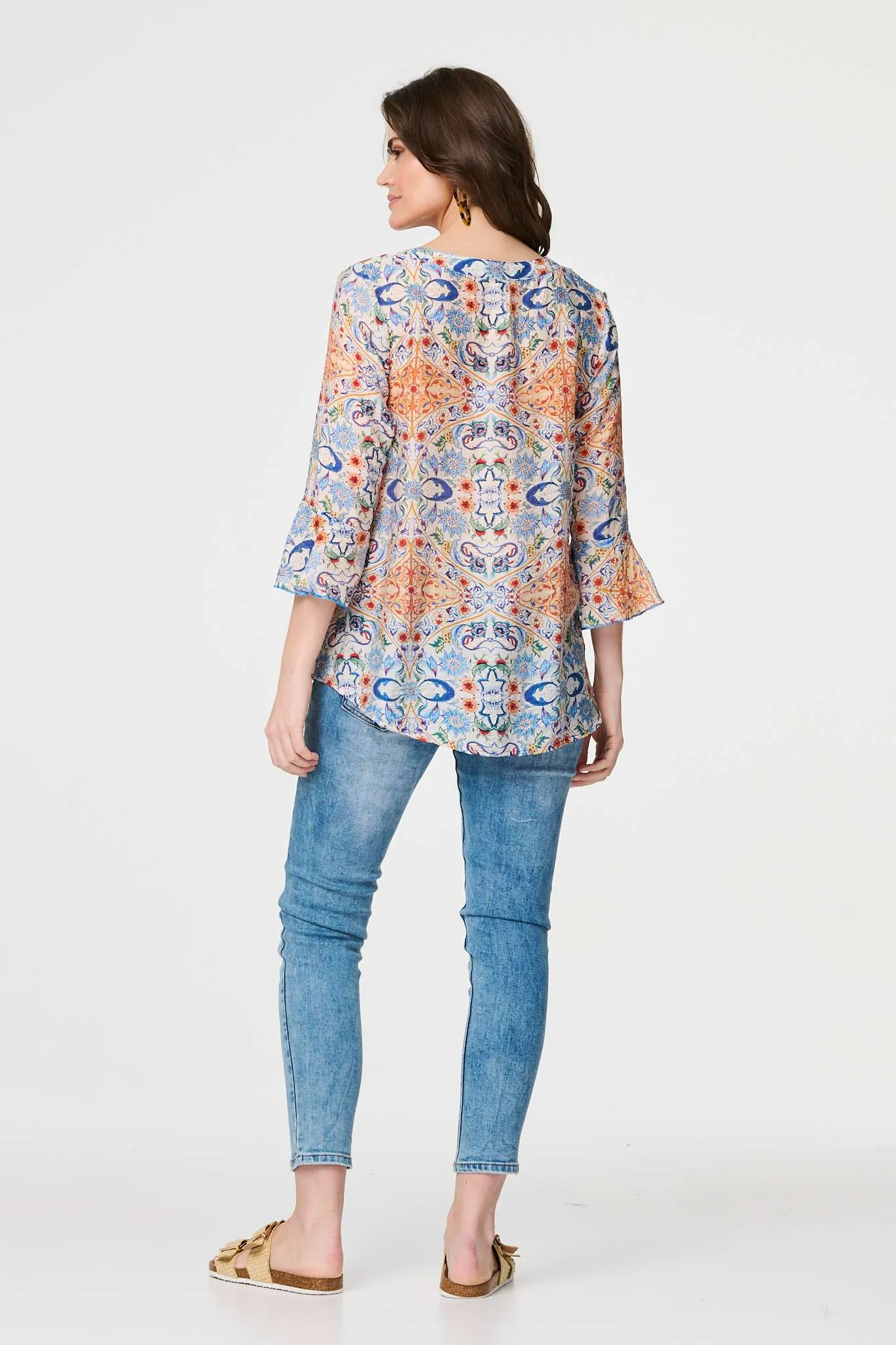 Printed 3/4 Flute Sleeve Blouse