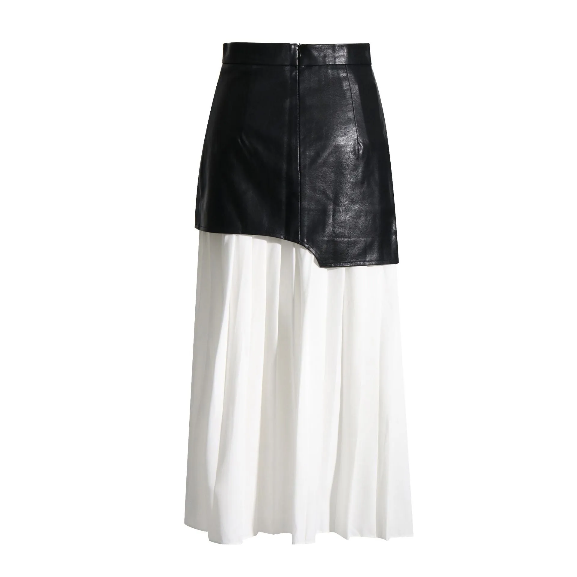 Pu leather stitching pleated skirt