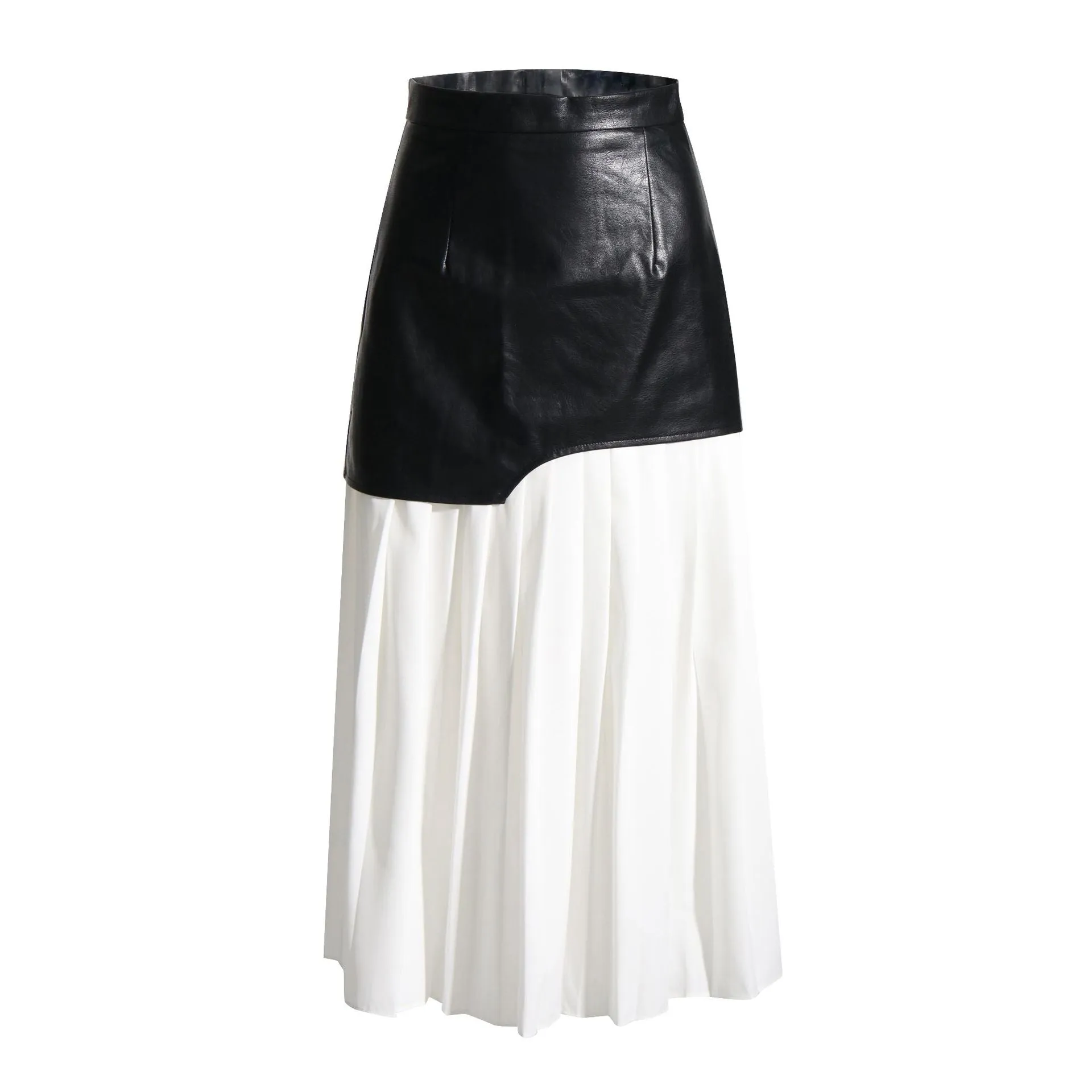 Pu leather stitching pleated skirt