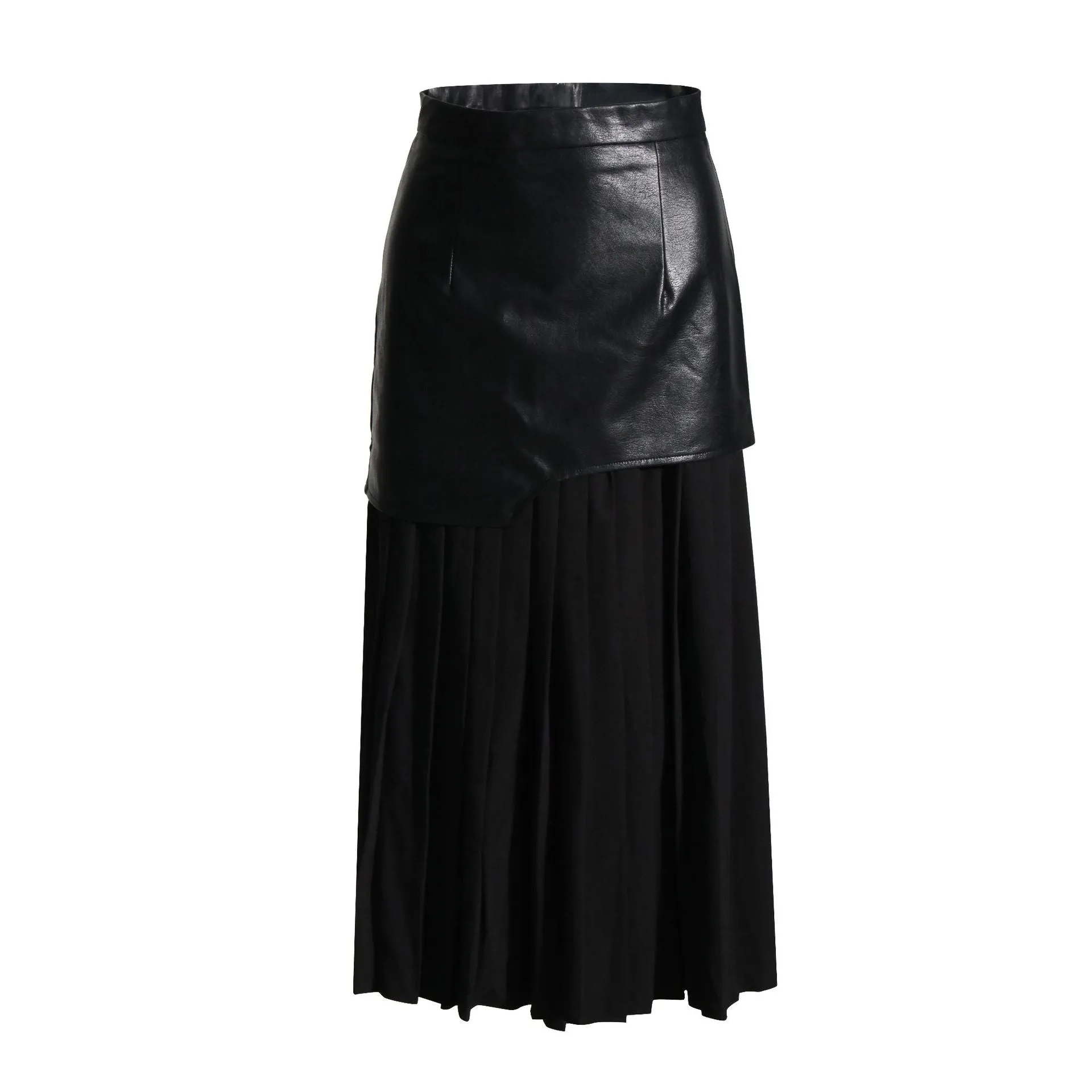 Pu leather stitching pleated skirt