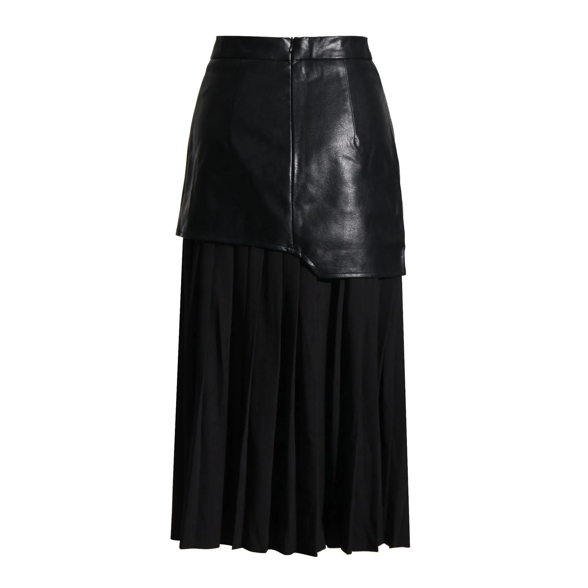 Pu leather stitching pleated skirt