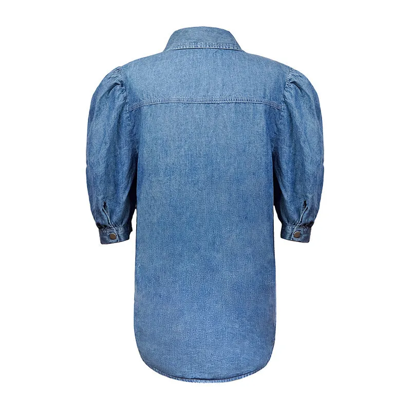 Puff Sleeve Elegant Turn-down Collar Denim Top