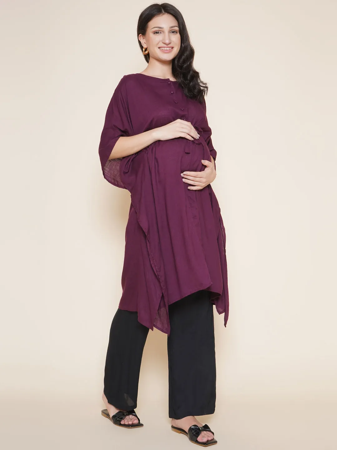 Purple Maternity and Nursing Kaftaan Set with Black Trousers