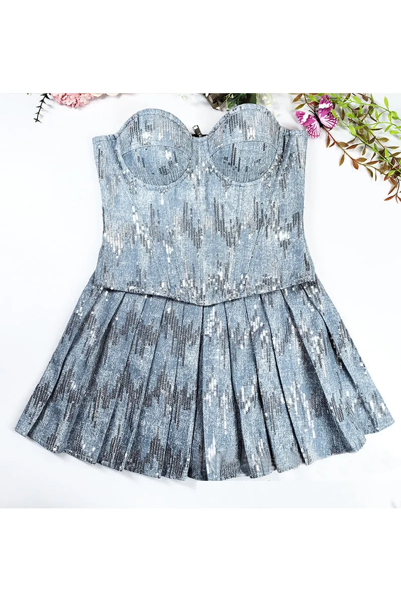 QT3254 Sequins Denim Mini Skirt Dress