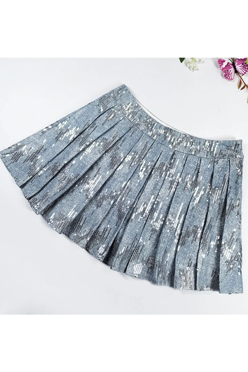 QT3254 Sequins Denim Mini Skirt Dress