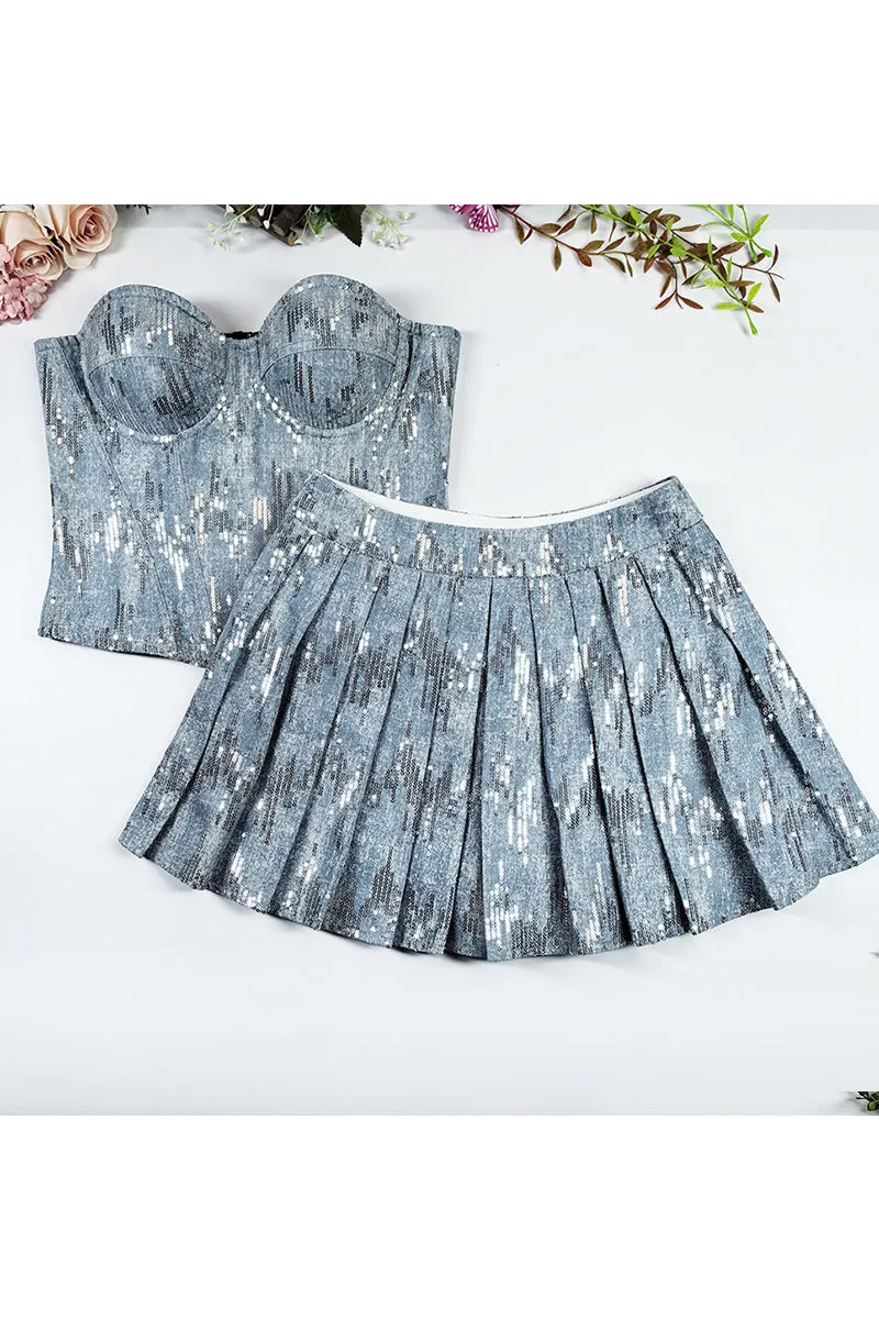 QT3254 Sequins Denim Mini Skirt Dress