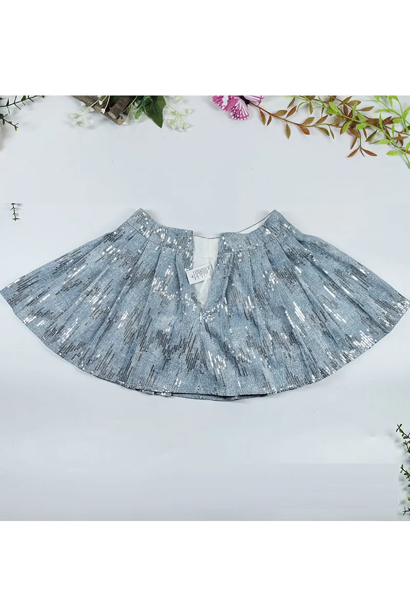 QT3254 Sequins Denim Mini Skirt Dress