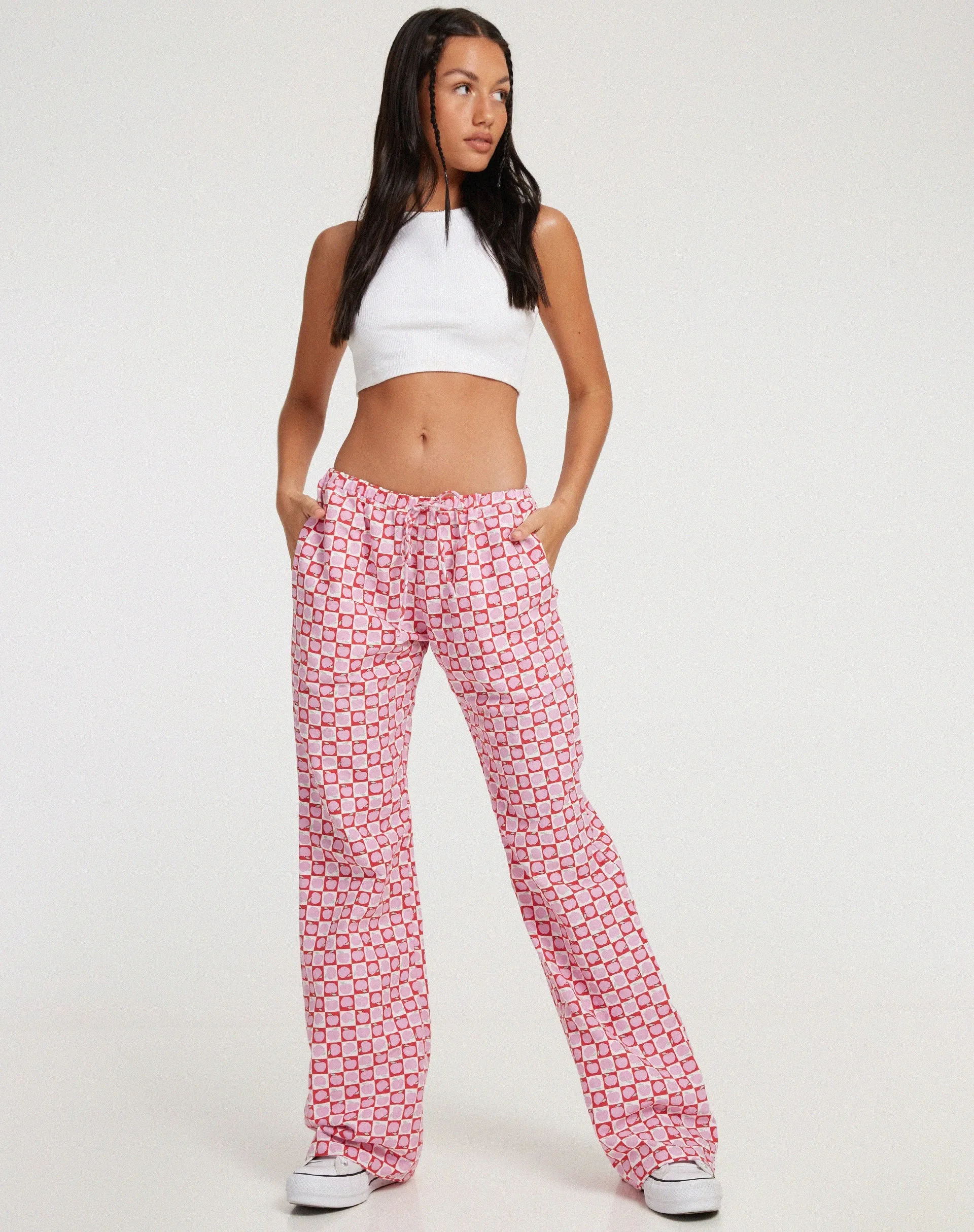 Raya Wide Leg Trousers in Apple Check Blush Red