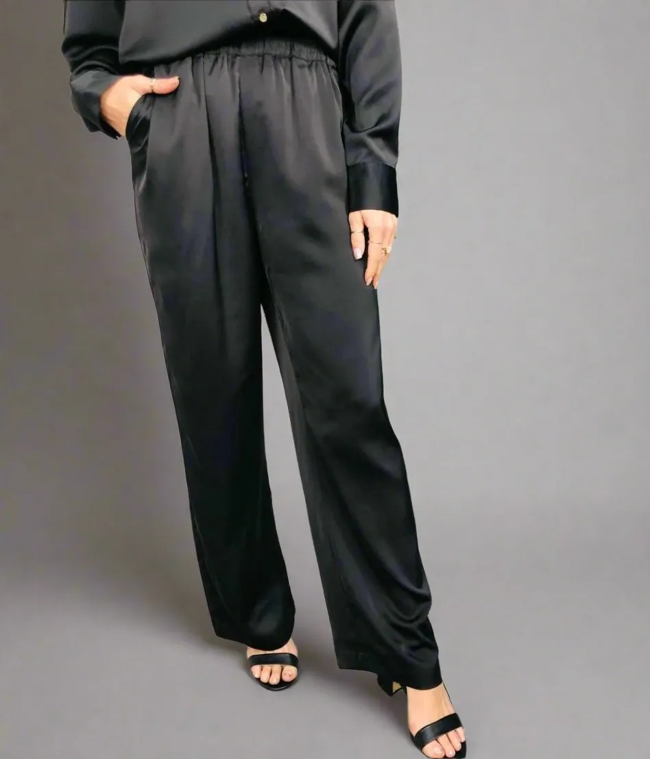 Rena Black Satin Wide Leg Trousers