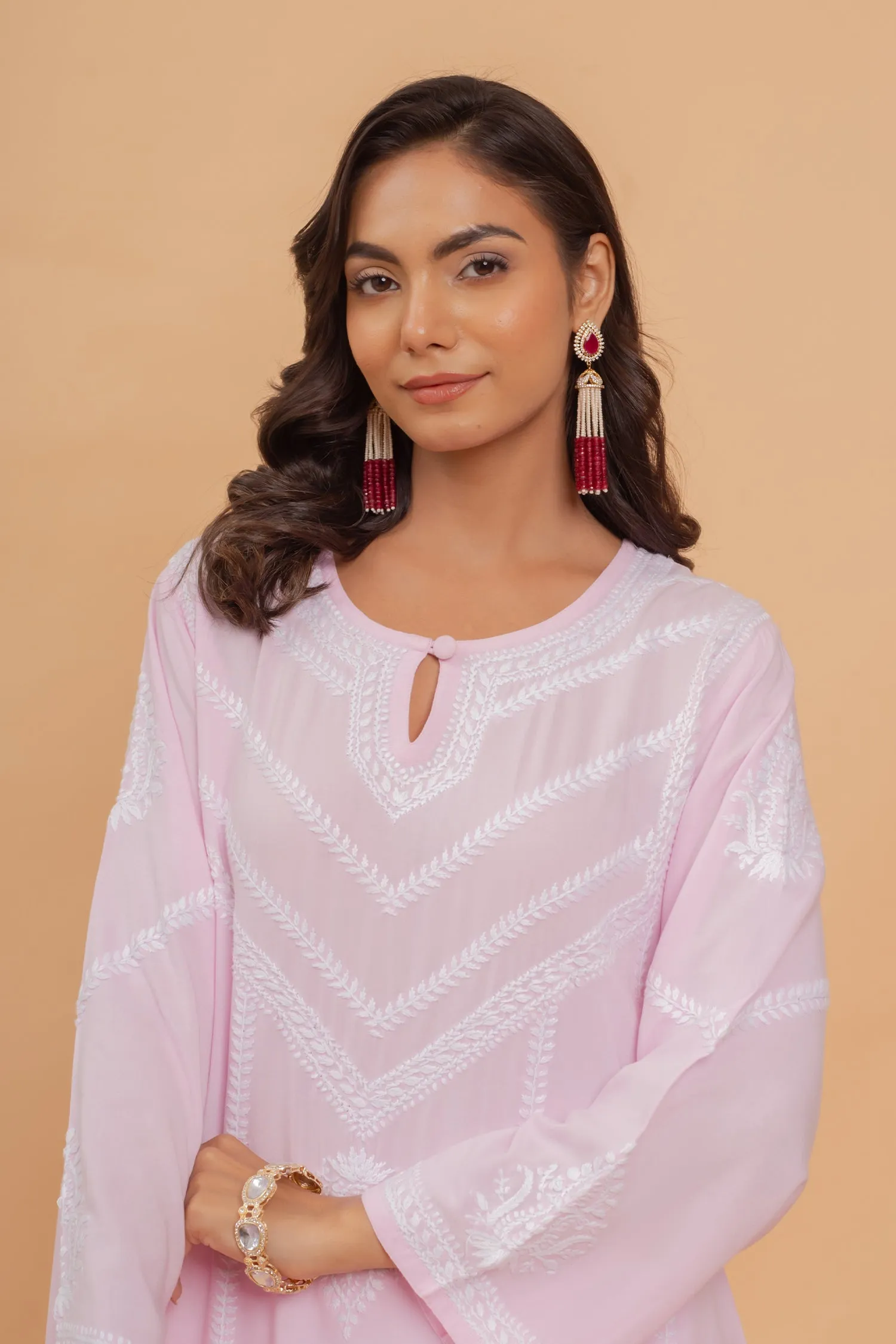 Saba Chikankari Long Kurta In Rayon - Pink