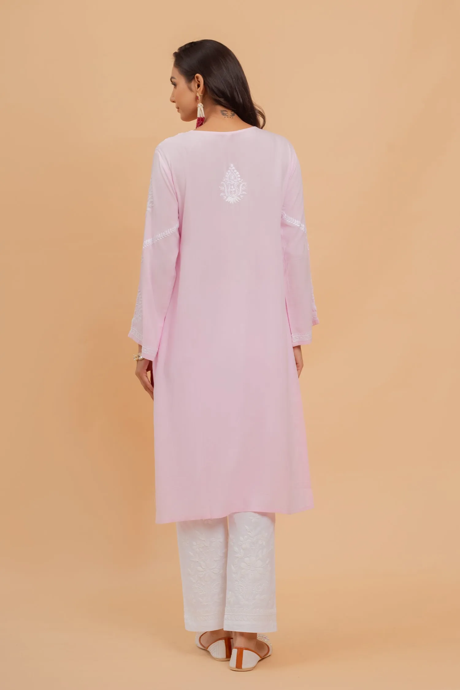 Saba Chikankari Long Kurta In Rayon - Pink