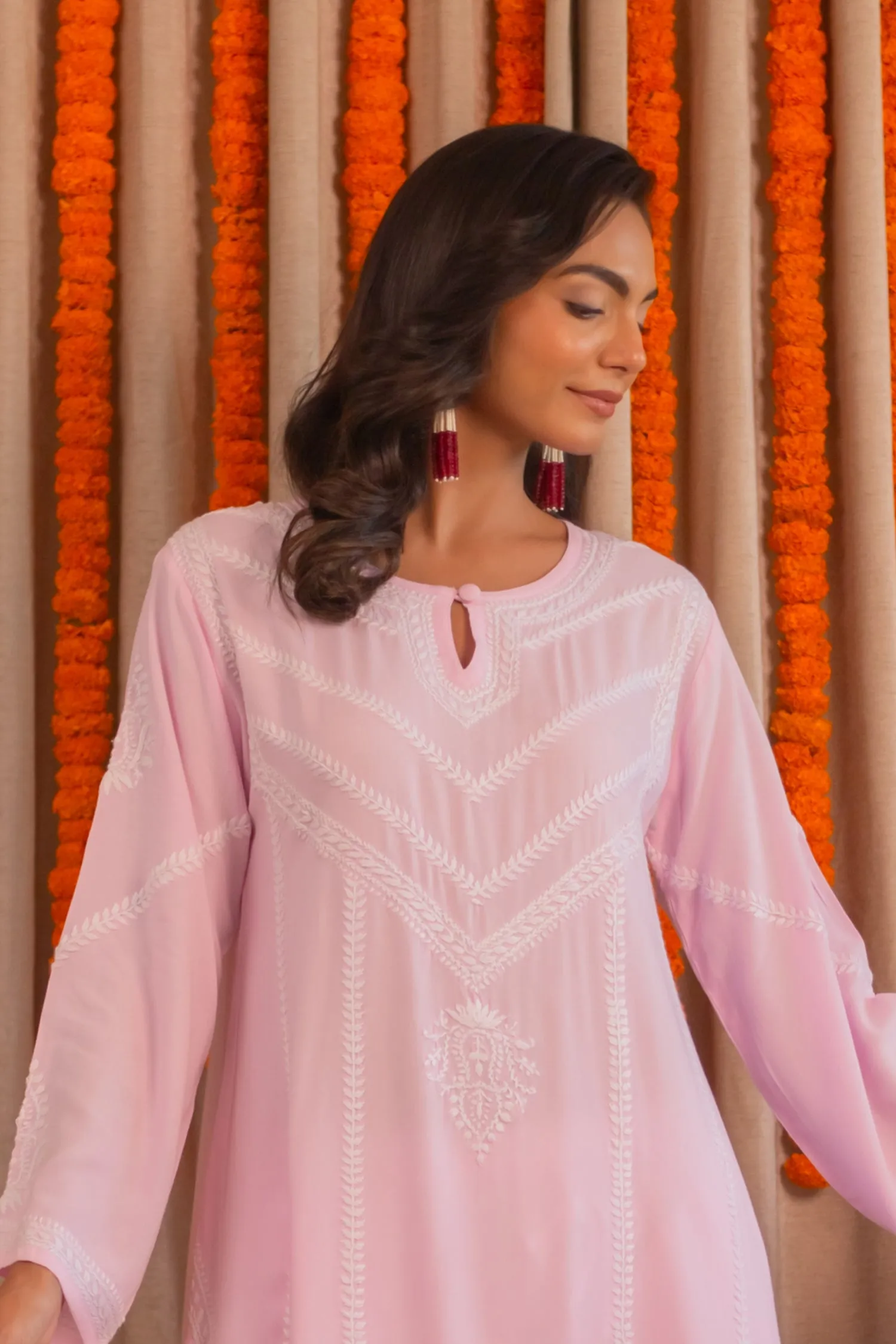 Saba Chikankari Long Kurta In Rayon - Pink