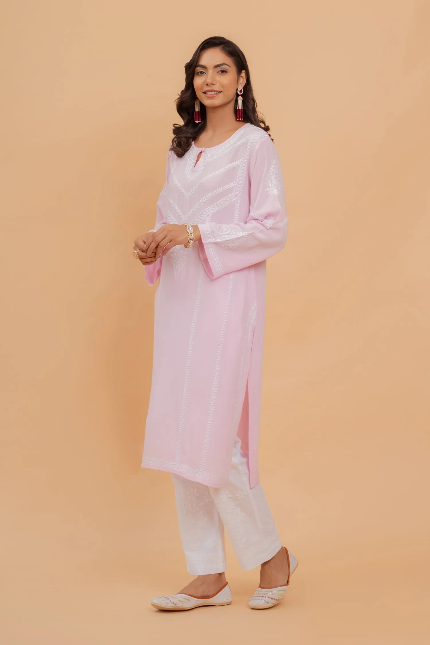 Saba Chikankari Long Kurta In Rayon - Pink