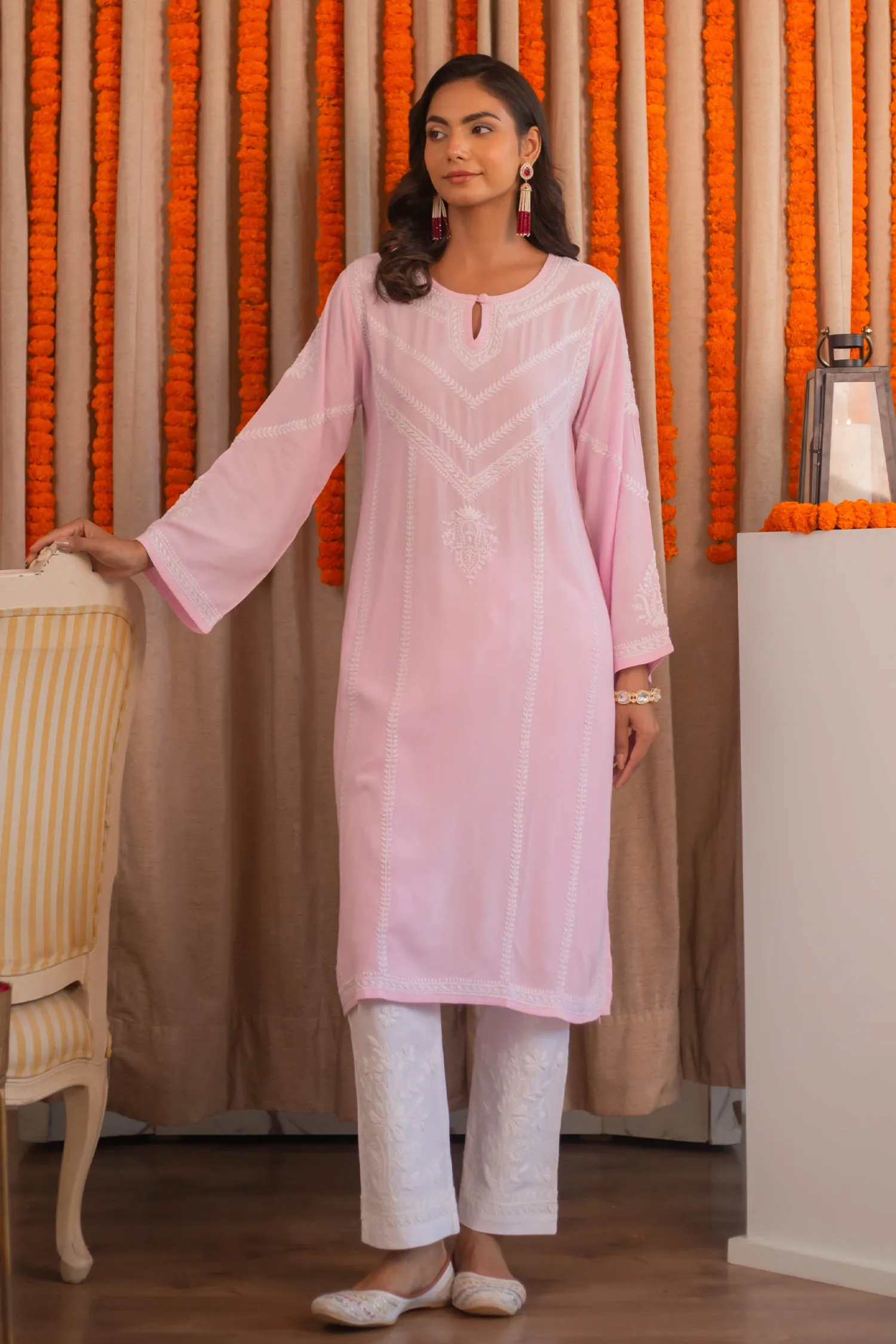 Saba Chikankari Long Kurta In Rayon - Pink