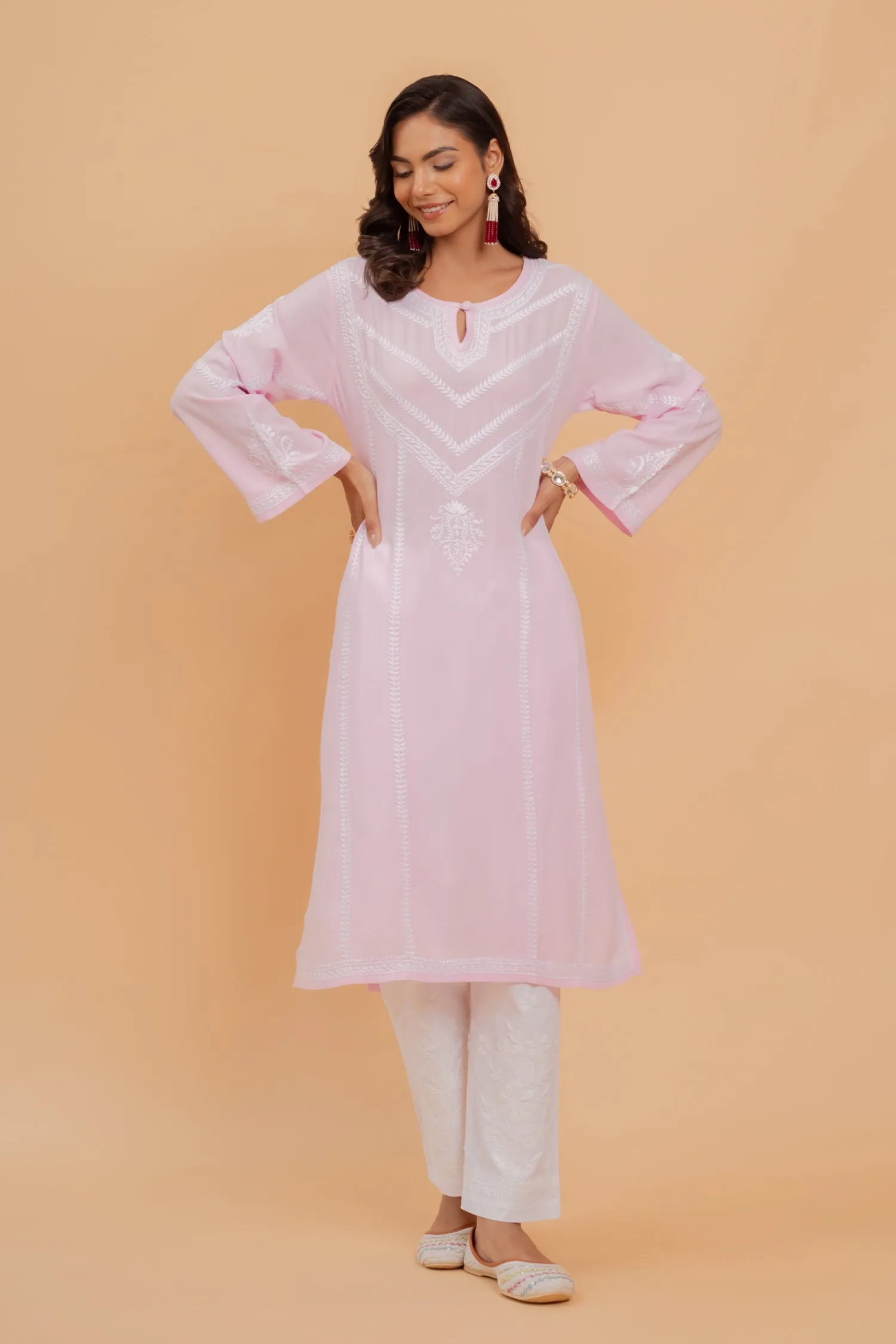 Saba Chikankari Long Kurta In Rayon - Pink