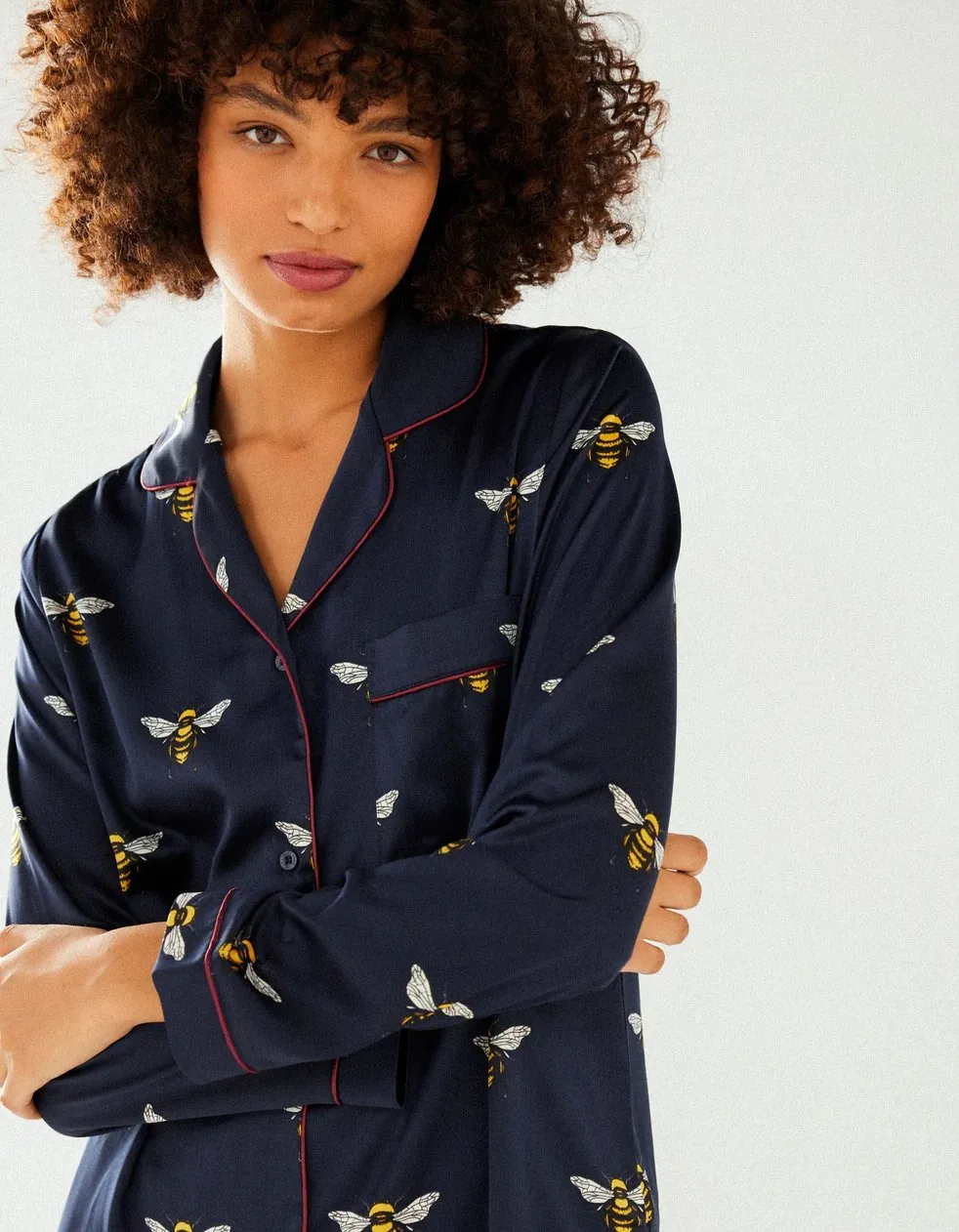 Satin Navy Bee Print Long Pyjama Set