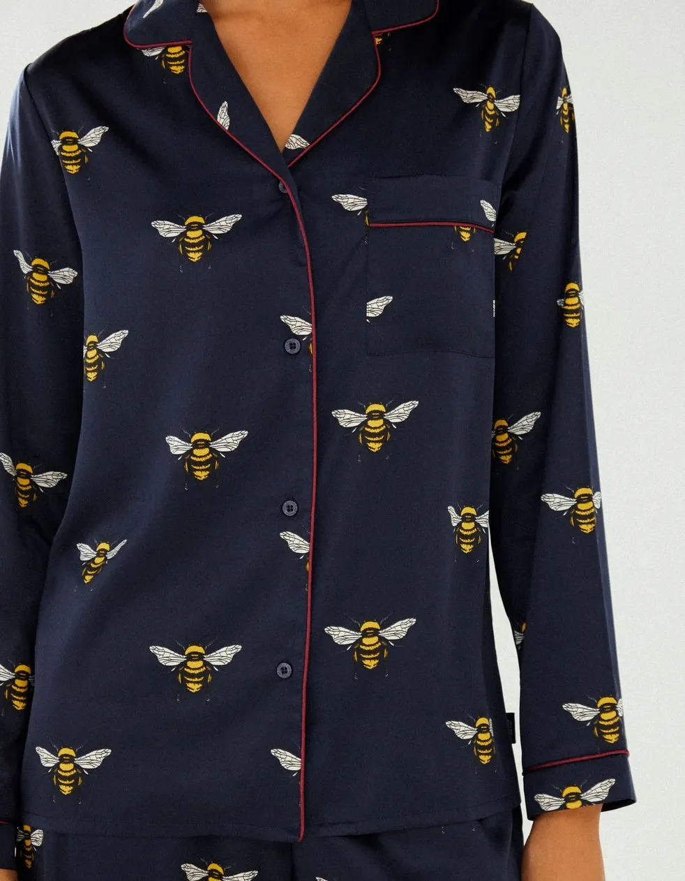 Satin Navy Bee Print Long Pyjama Set