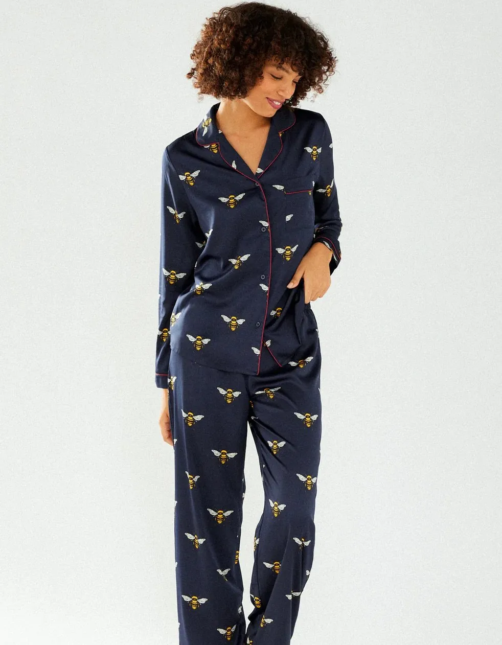 Satin Navy Bee Print Long Pyjama Set