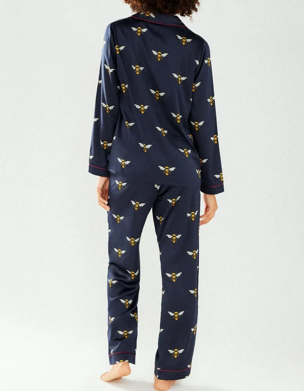 Satin Navy Bee Print Long Pyjama Set