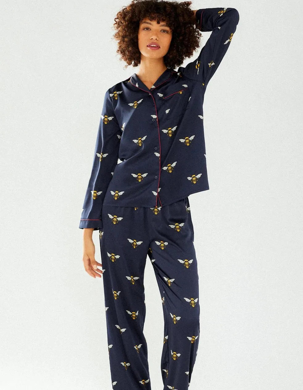 Satin Navy Bee Print Long Pyjama Set