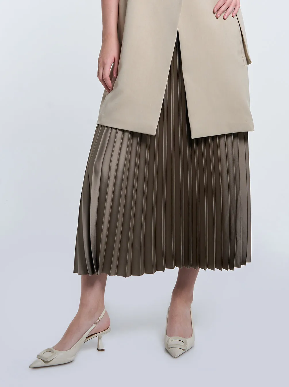 SATIN PLEATED SKIRT PLAIN BROWN TEA