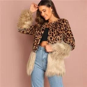 Sheinside Contrast Faux Fur Coat Leopard Print Winter Jacket Women 2018 Long Sleeve Outerwear Casual Womens Coats And Jackets