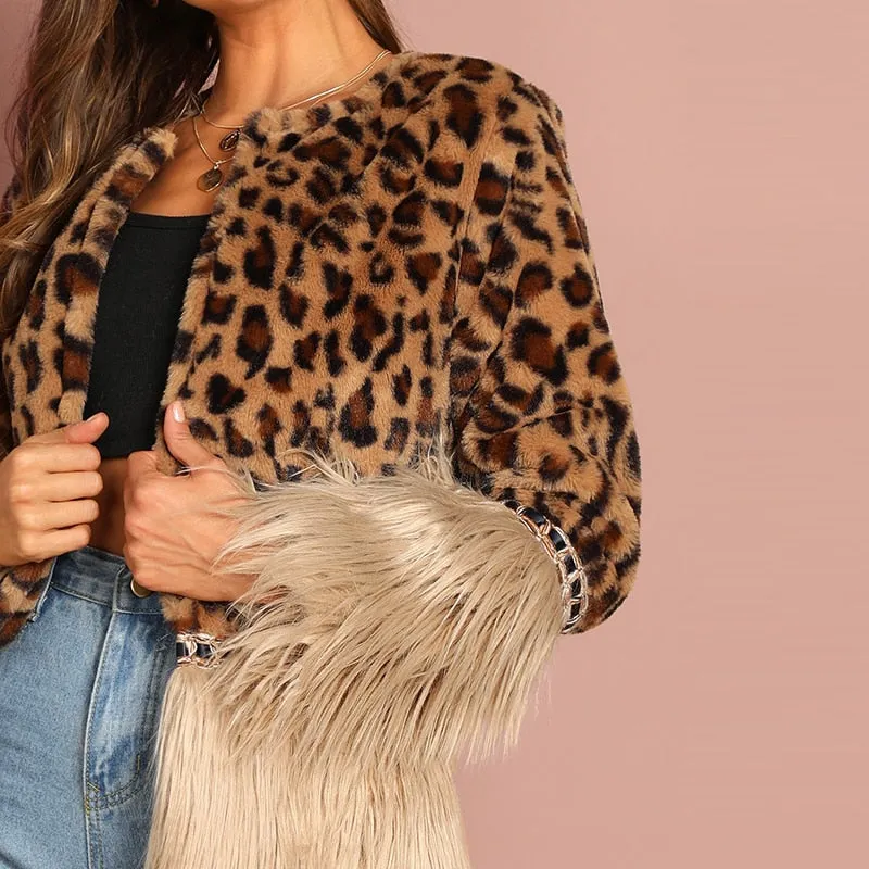 Sheinside Contrast Faux Fur Coat Leopard Print Winter Jacket Women 2018 Long Sleeve Outerwear Casual Womens Coats And Jackets