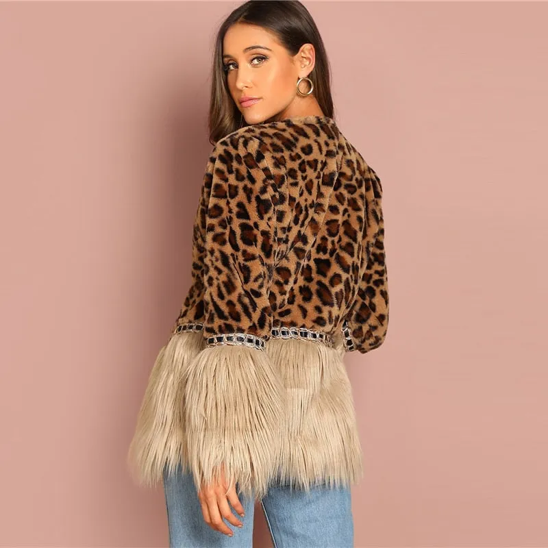 Sheinside Contrast Faux Fur Coat Leopard Print Winter Jacket Women 2018 Long Sleeve Outerwear Casual Womens Coats And Jackets