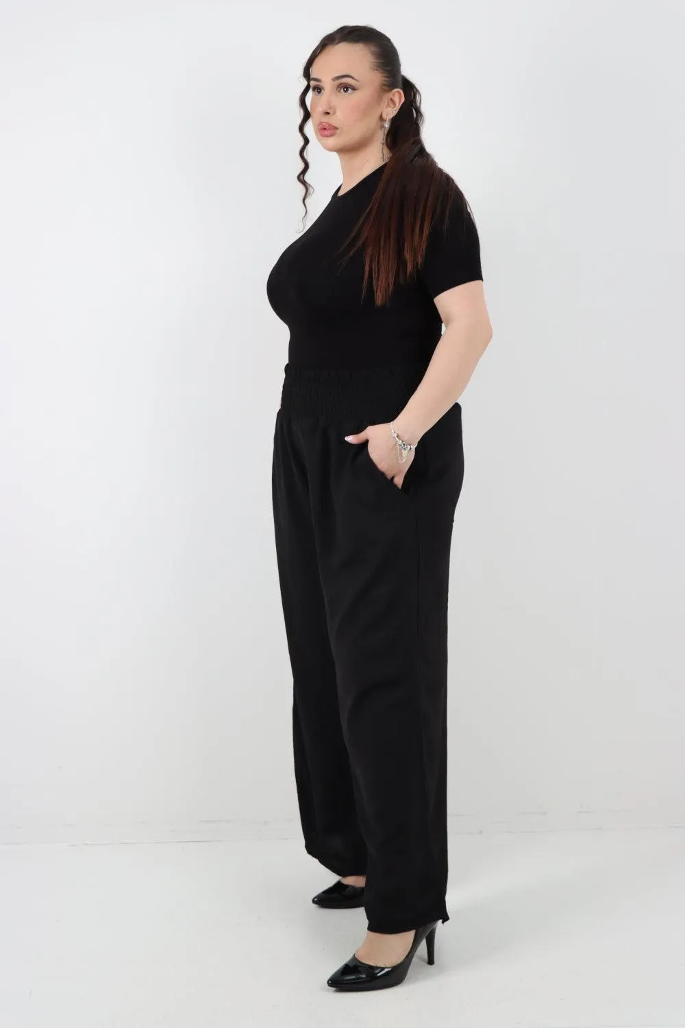 Shirred Waist Side Pockets Trouser