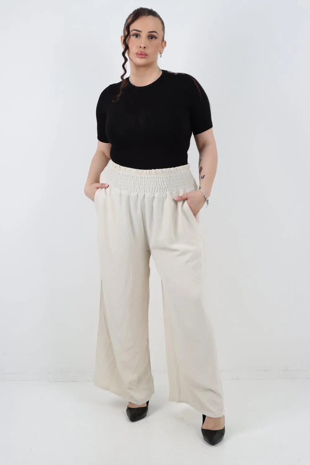 Shirred Waist Side Pockets Trouser